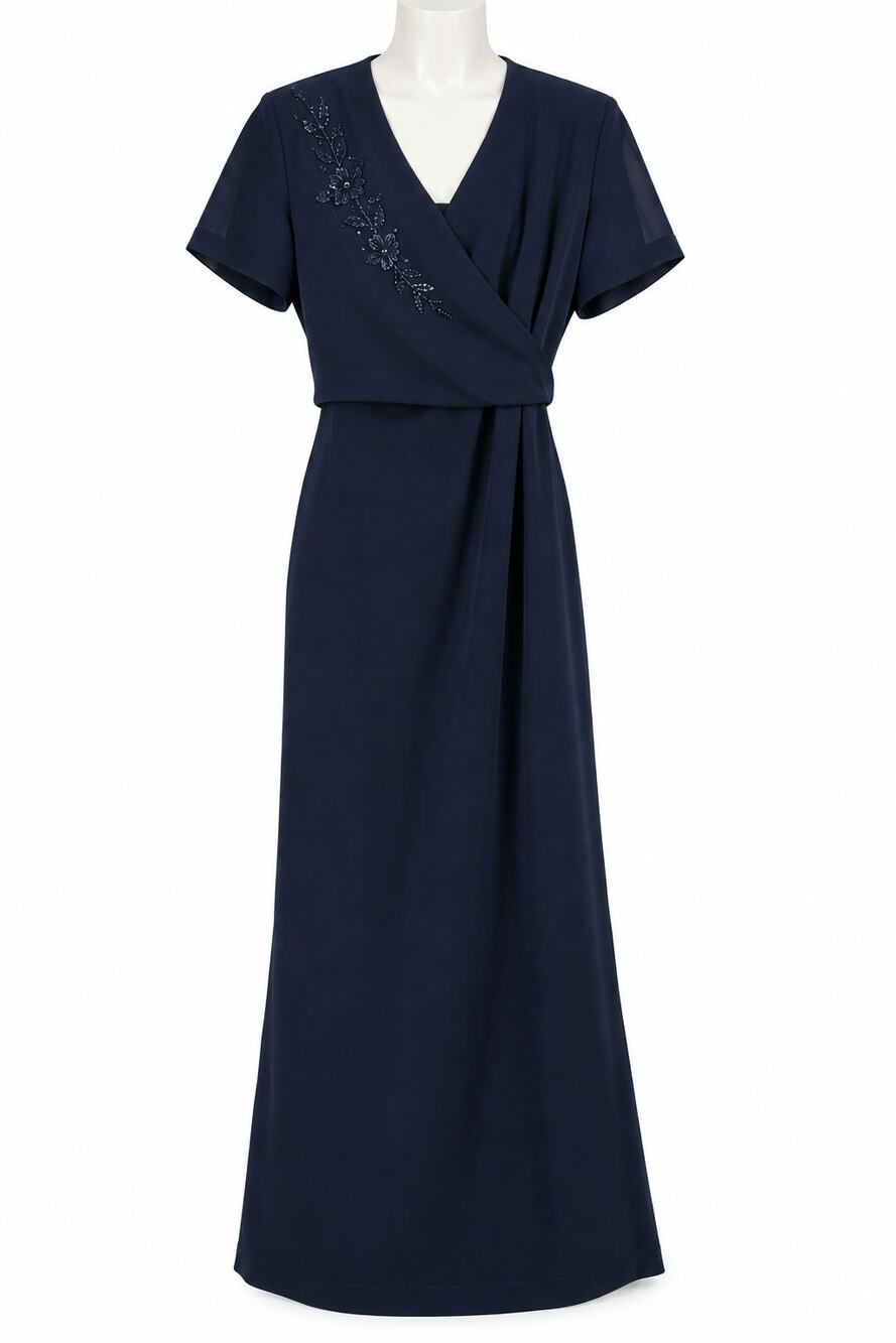 Virgo Navy Beaded Floral Formal Evening Fall Wedding Gown Draped Wrap Womens 10